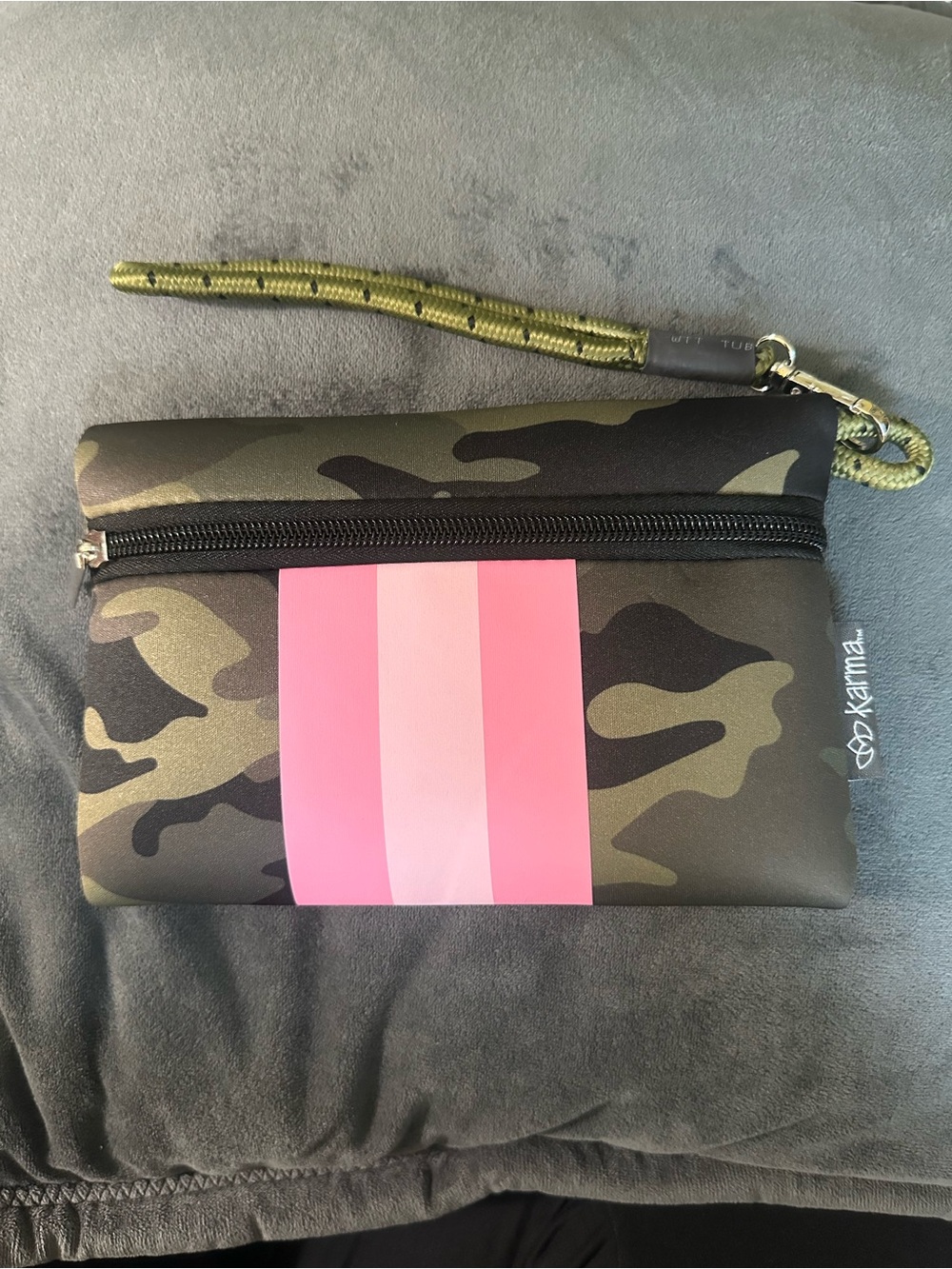 Karma Olive Camo Wristlet with Pink Stripe Panel